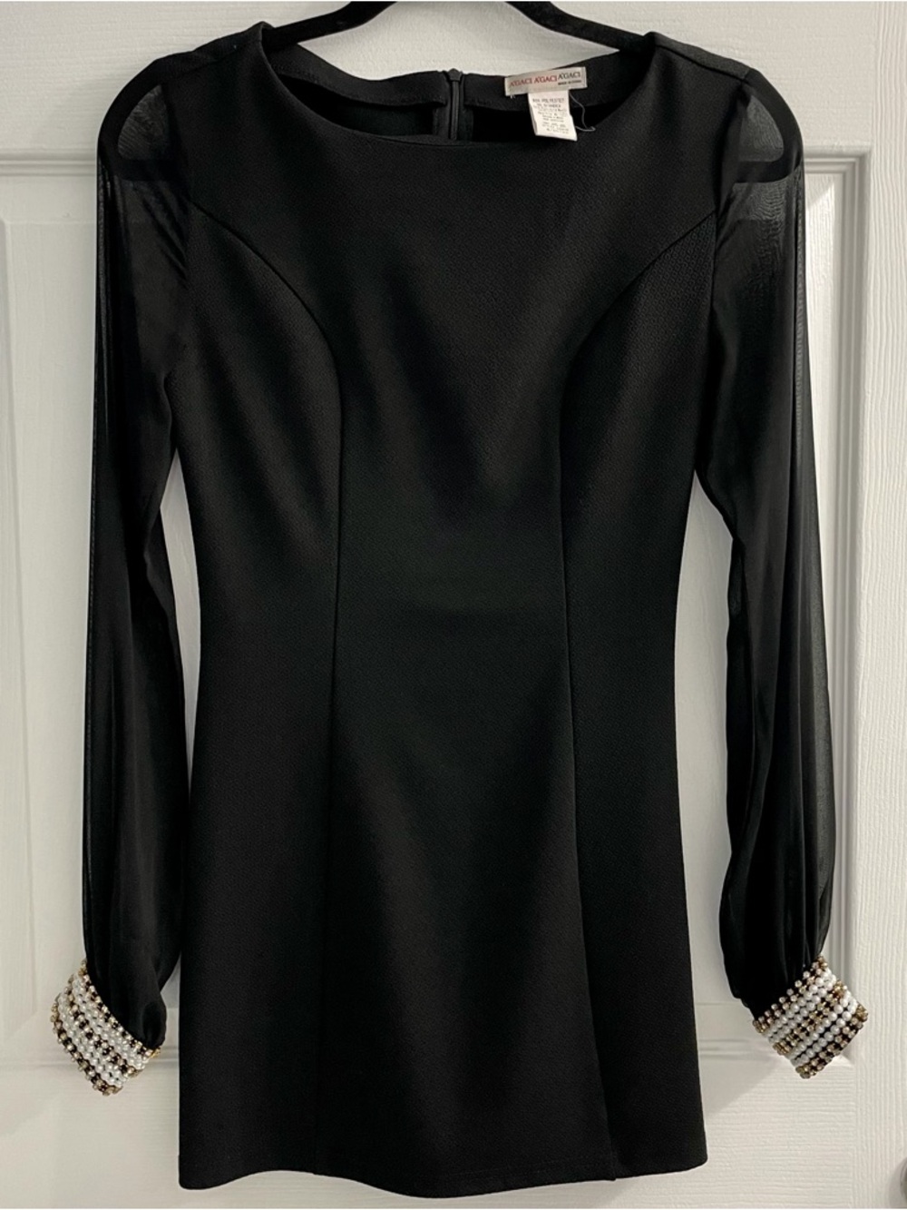 a'gaci Black Long-Sleeve Sheath Dress with Pearl-Cuff Embellishment Size Small